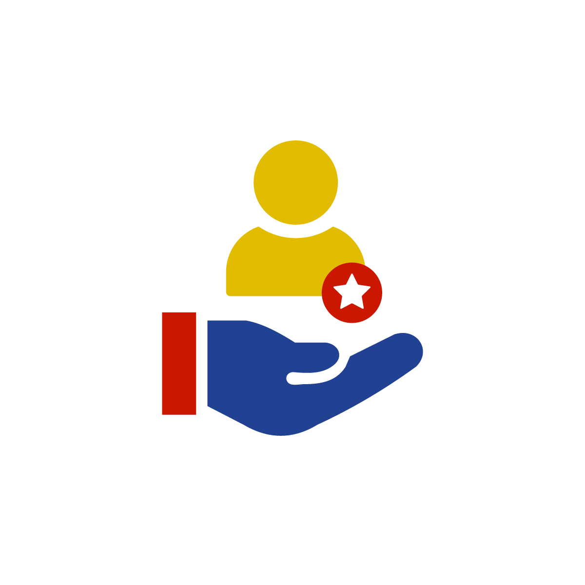 icon-image Icon of a blue hand holding a yellow figure with a red circle containing a white star, symbolizing customer care, priority service, and client-focused support.