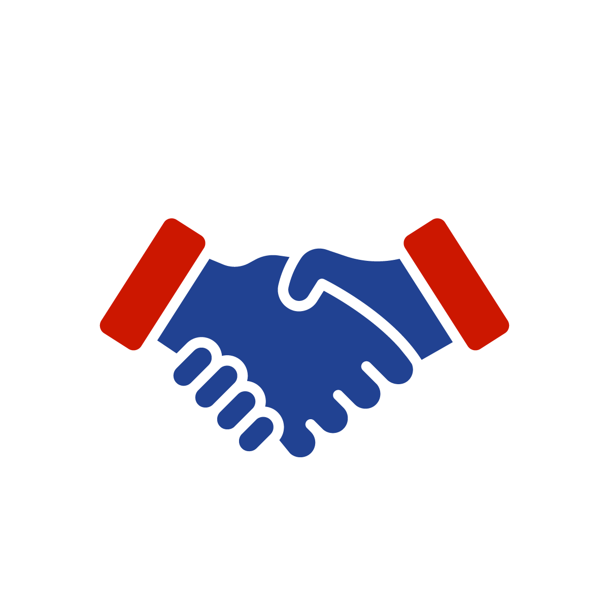 Icon of two blue hands shaking, with red cuffs, symbolizing mutual respect, partnership, trust, and professional collaboration.