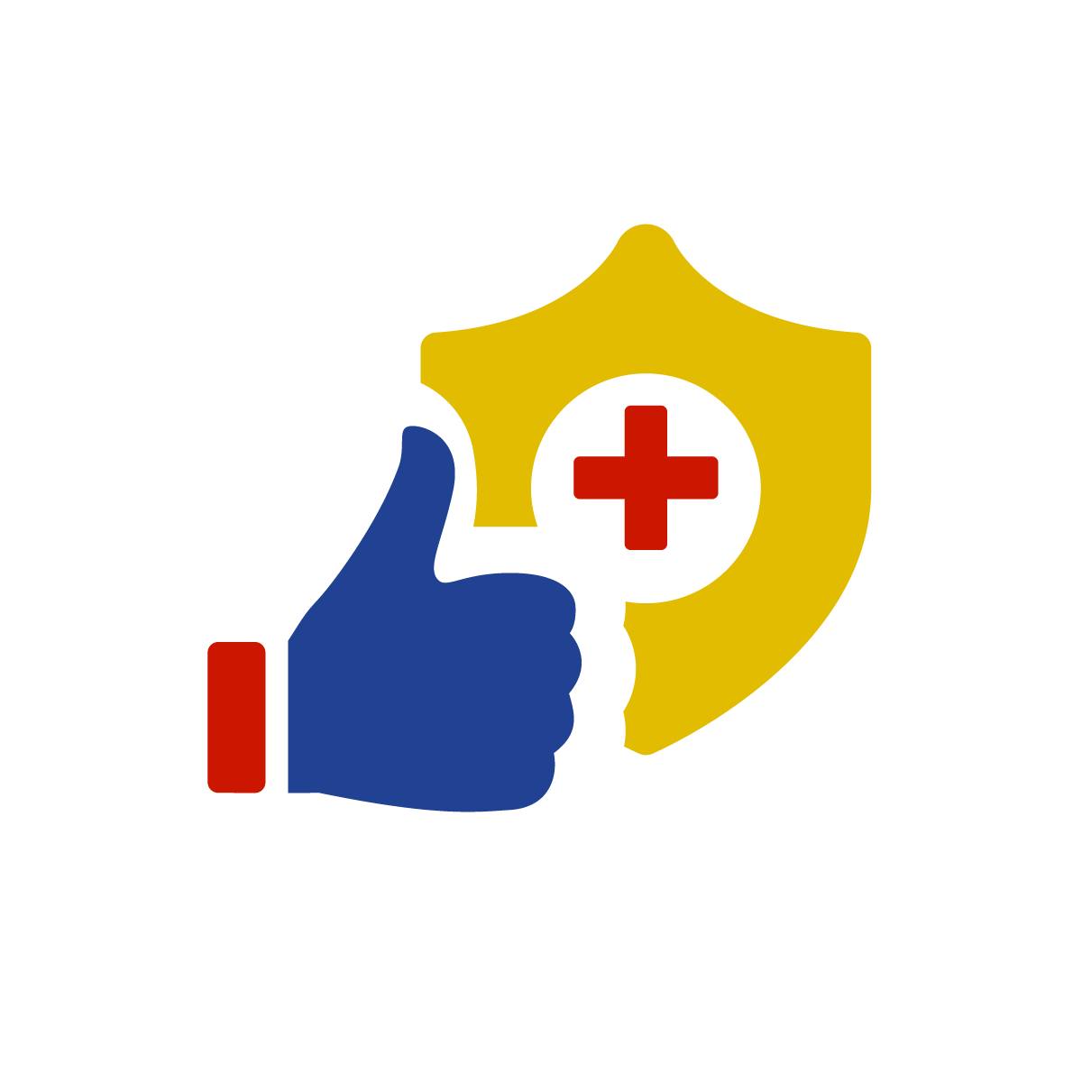 icon-image Icon of a blue thumbs-up symbol positioned in front of a yellow shield with a red medical cross, representing safety, health protection, and security assurance.