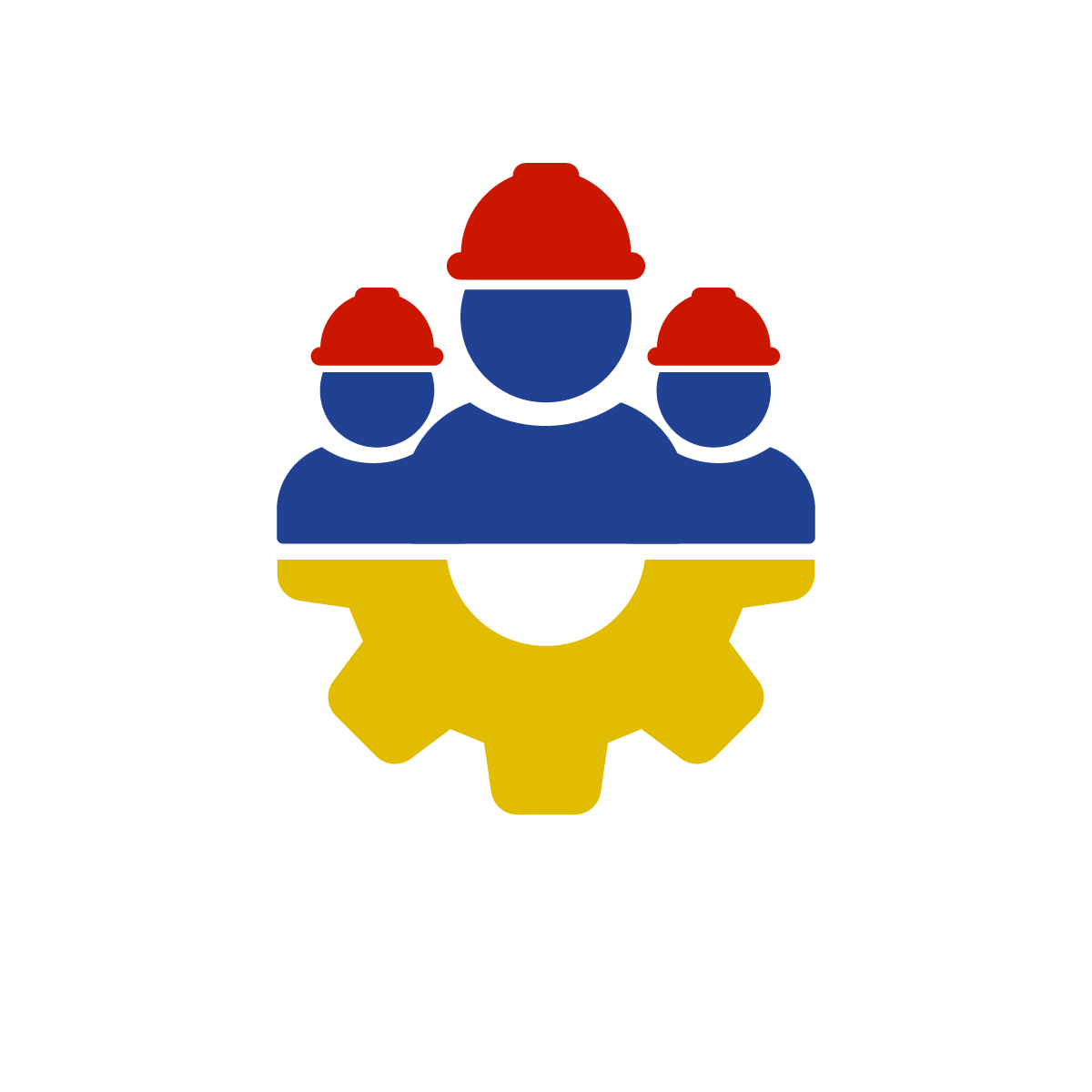 Icon depicting three blue figures wearing red hard hats, standing above a yellow gear, symbolizing collaboration, engineering, and effective teamwork in a technical environment.