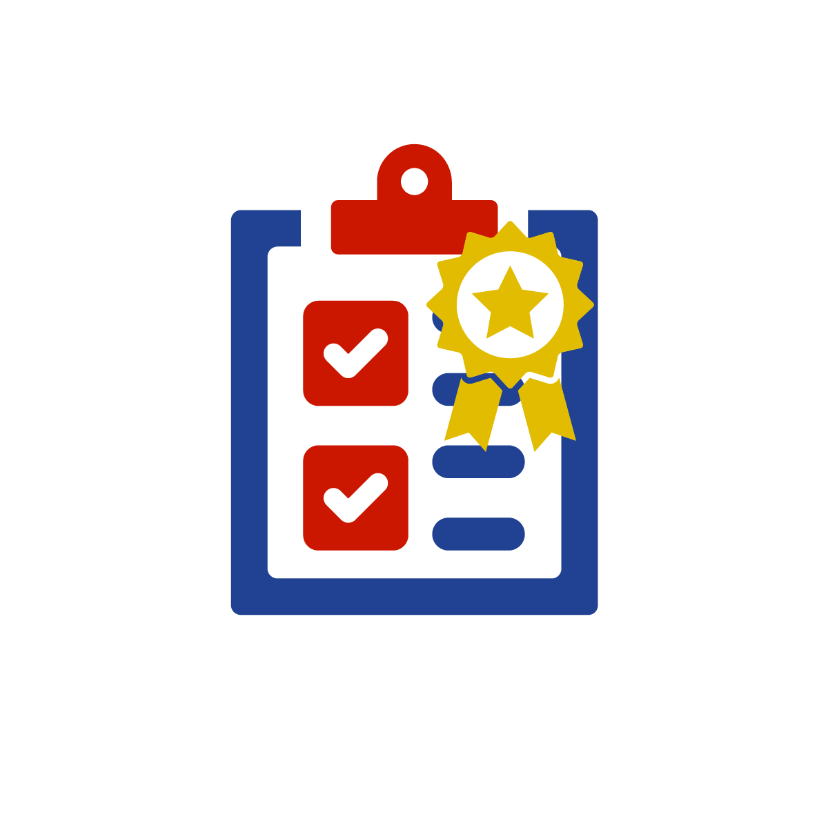 icon-image Icon of a clipboard with red checkmarks and a yellow ribbon badge featuring a star, representing high-quality standards, thoroughness, and commitment to excellence.